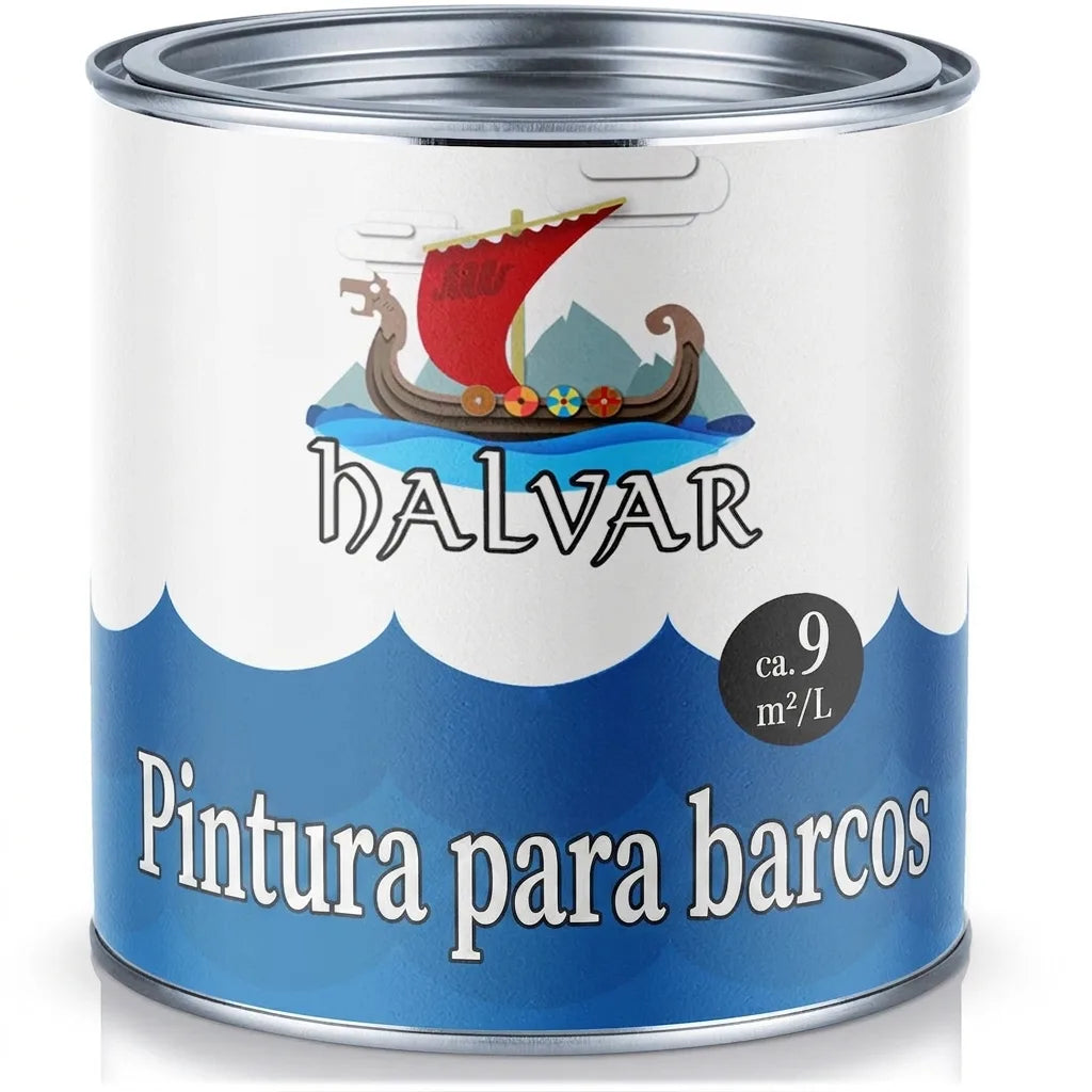 Lata de pintura para barcos HALVAR con logo de drakkar y texto "Bootslack" en alemán.