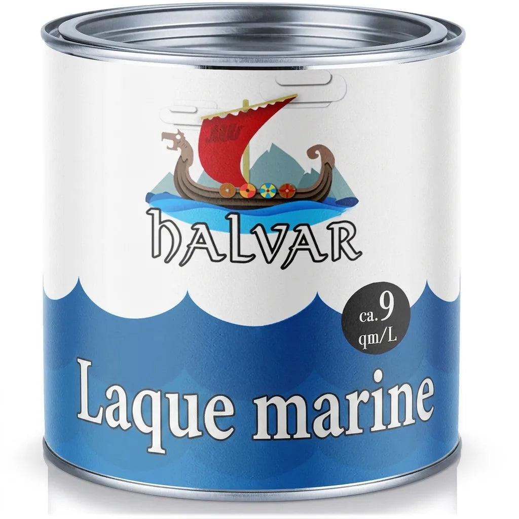 Pot de peinture Halvar avec drakkar stylisé. Texte allemand "Bootslack" (vernis bateau) et "ca. 9 qm/L".