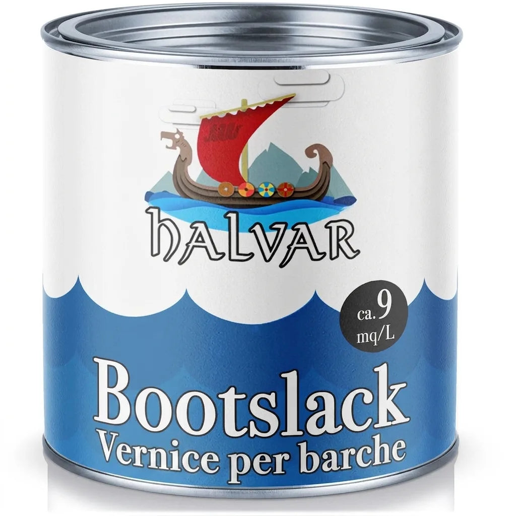 Lattina di vernice HALVAR Bootslack per barche, con logo nave vichinga e indicazione di copertura 9 mq/L.