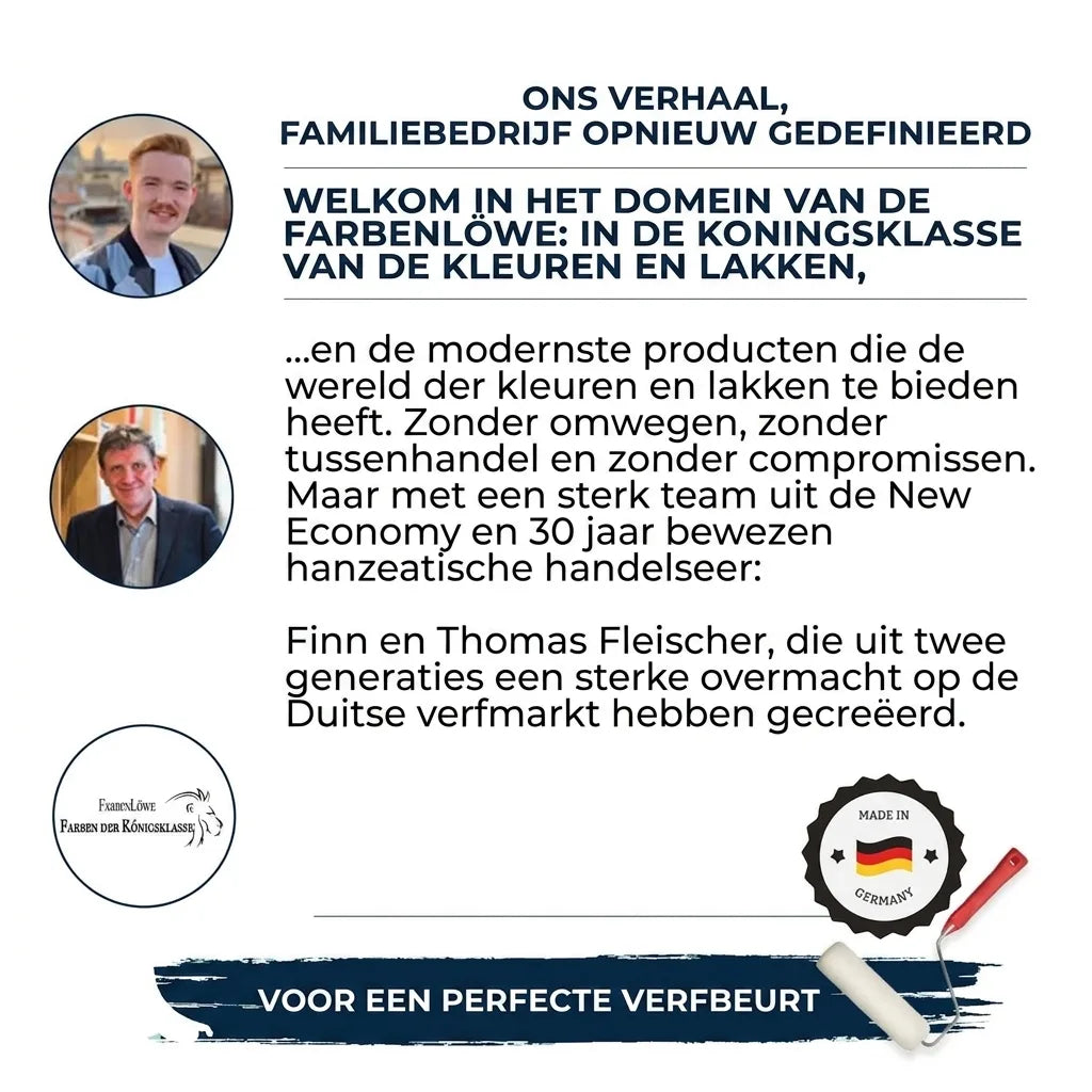 Duitse familiebedrijf Farbenlöwe, twee generaties, hoogwaardige verf en lak, Made in Germany, voor perfect schilderwerk.