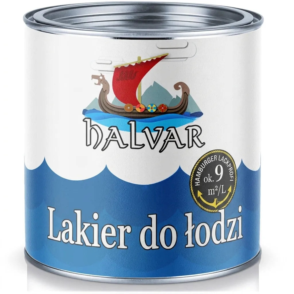 Puszka lakieru do łodzi Halvar z logo statku Wikingów, napisy „Bootslack” i „ca. 9 qm/L”.