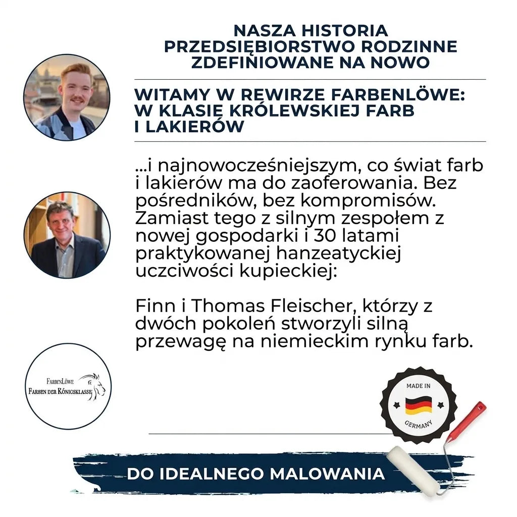 Historia rodzinnej firmy Farbenlöwe. Finn i Thomas Fleischer oferują farby i lakiery Königsklasse. Made in Germany.