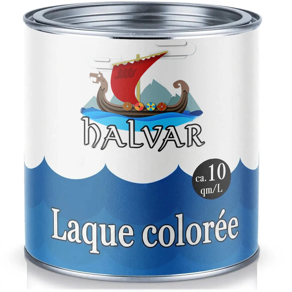 Pot de peinture HALVAR Buntlack avec logo de bateau viking, indiquant une couverture d'environ 10 m²/L.