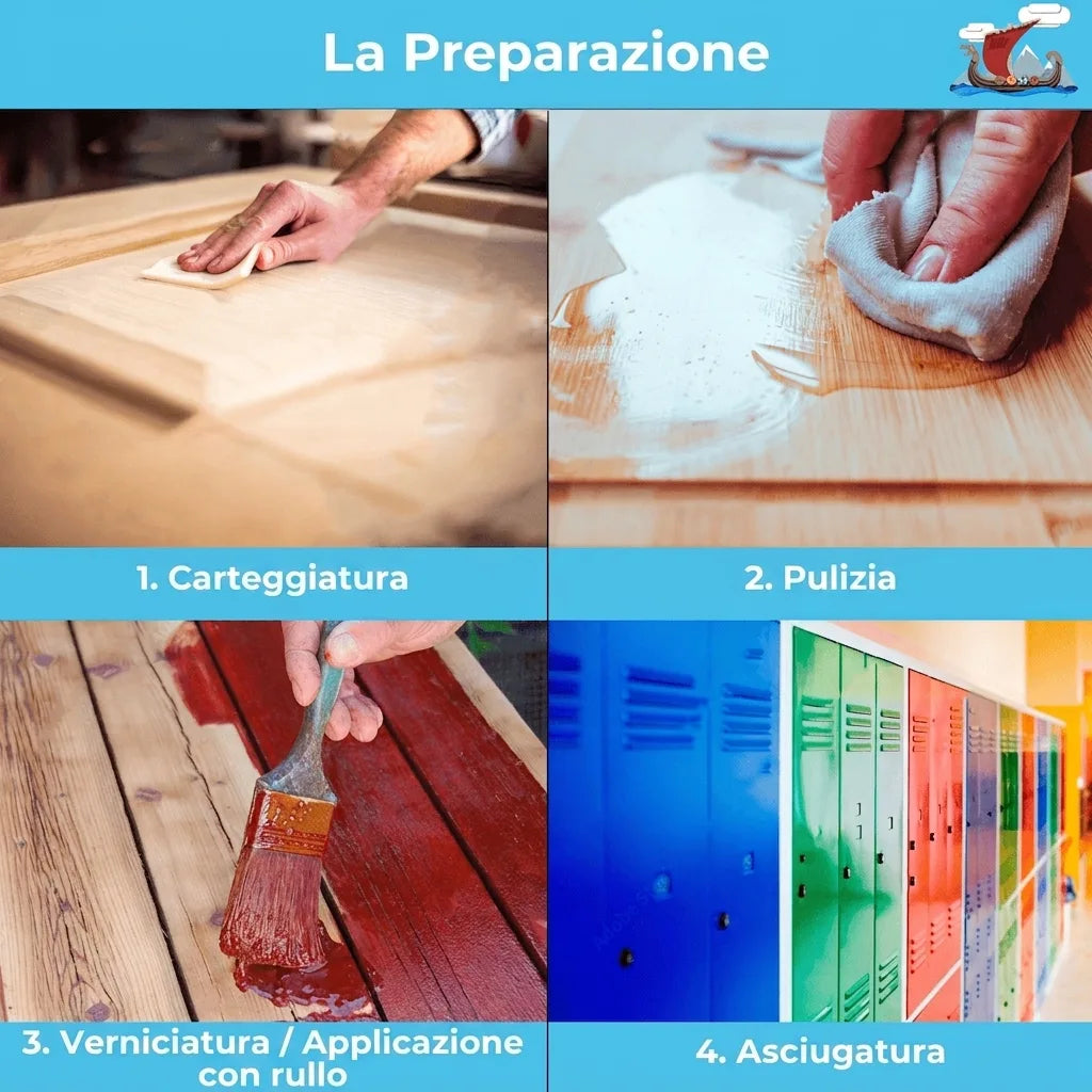 Immagine infografica che mostra i 4 passaggi per la preparazione: carteggiare, pulire, dipingere/rullare e asciugare.