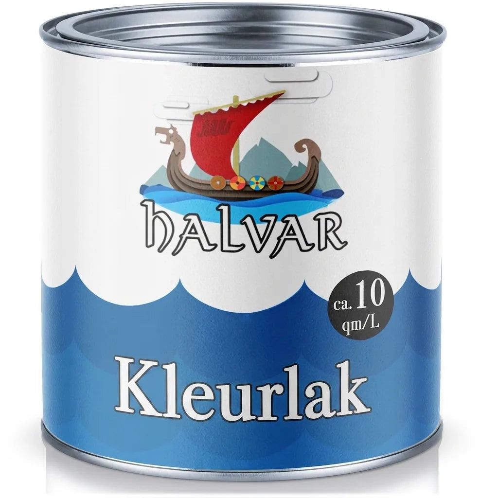 Verfblik HALVAR lakverf met Vikingschip-logo, ca. 10 m²/L dekking.