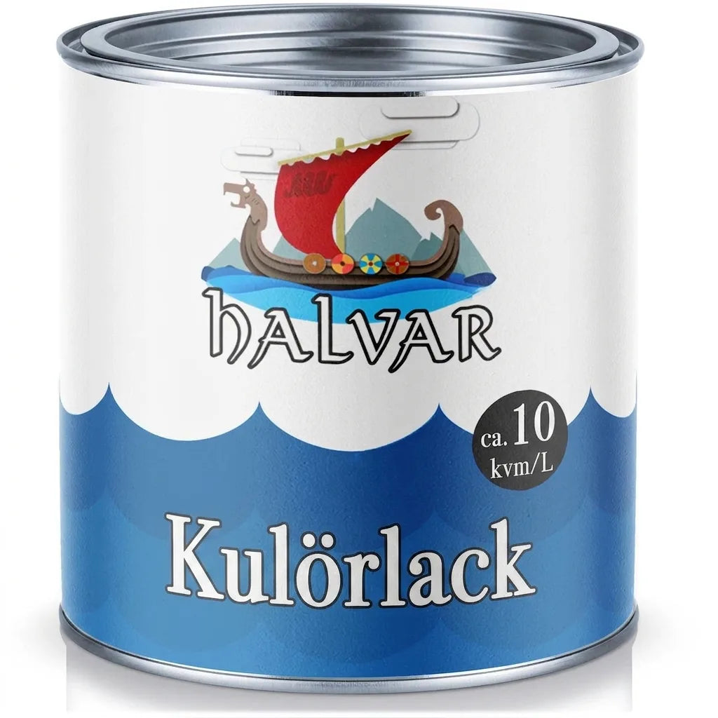 Målarfärg burk HALVAR Buntlack med vikingaskepp och berg. Angiven täckning: ca 10 kvm/L.