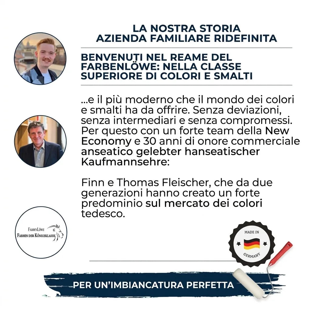 Storia aziendale Farbenlöwe: due generazioni di eccellenza nelle pitture e vernici, qualità Made in Germany.