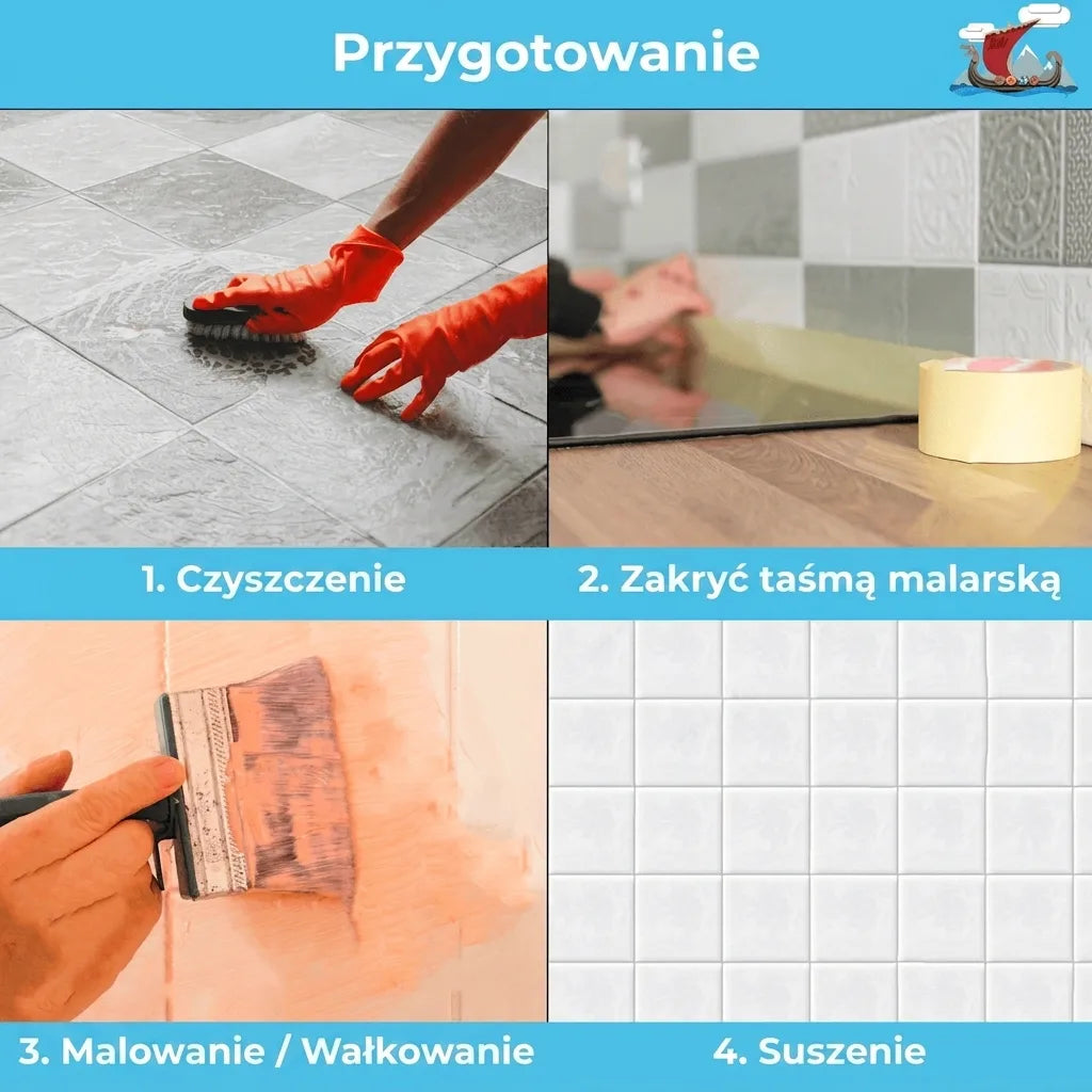 Instrukcja przygotowania i malowania płytek: czyszczenie, zakrywanie taśmą, malowanie, suszenie.