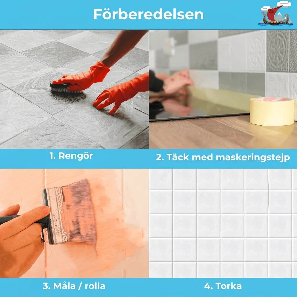 En guide för att förbereda kakel för målning: rengöring, maskering med målartejp, målning och torkning.