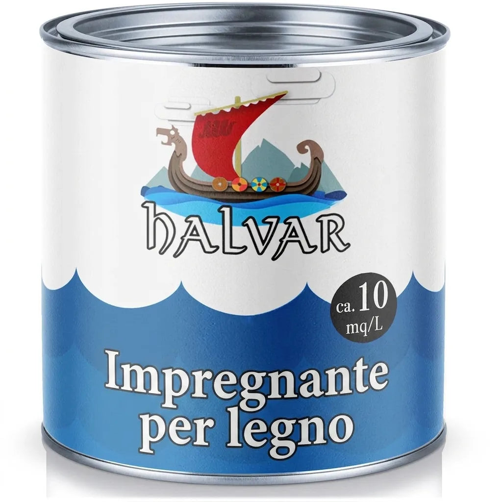 Lattina di impregnante per legno HALVAR, con logo nave vichinga, indicazione di copertura 10 mq/L.