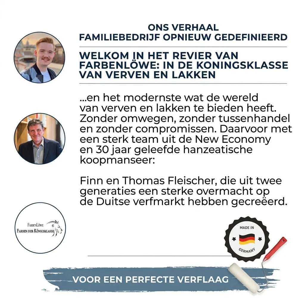 Duitse advertentie voor familiebedrijf FarbenLöwe, gespecialiseerd in hoogwaardige verf en lak, 'Made in Germany'.