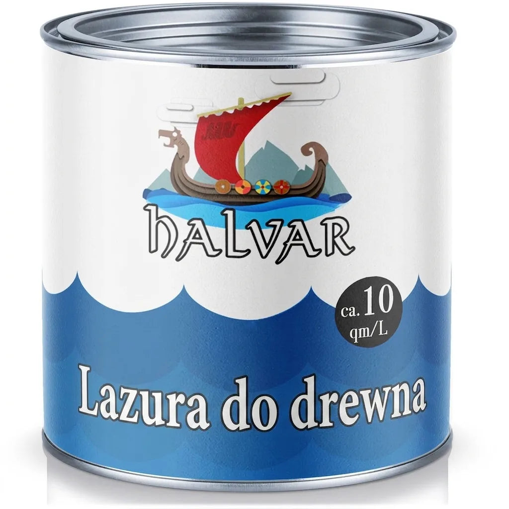 Puszka lazury do drewna HALVAR z logo statku wikingów, informacja o wydajności 10 mkw/l.