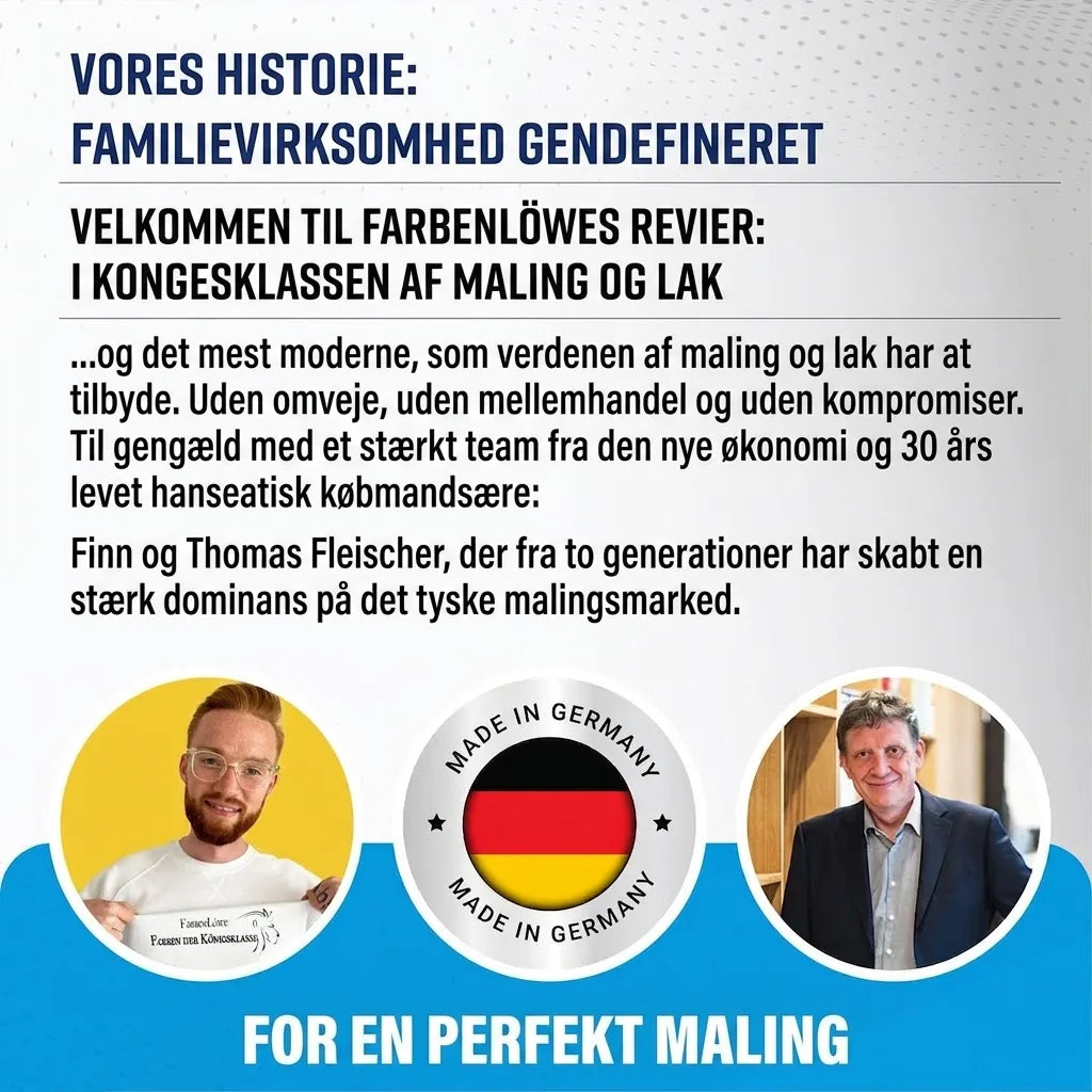Farbenlöwe: Tysk familievirksomhed inden for maling og lak. Finn og Thomas Fleischer, Made in Germany.