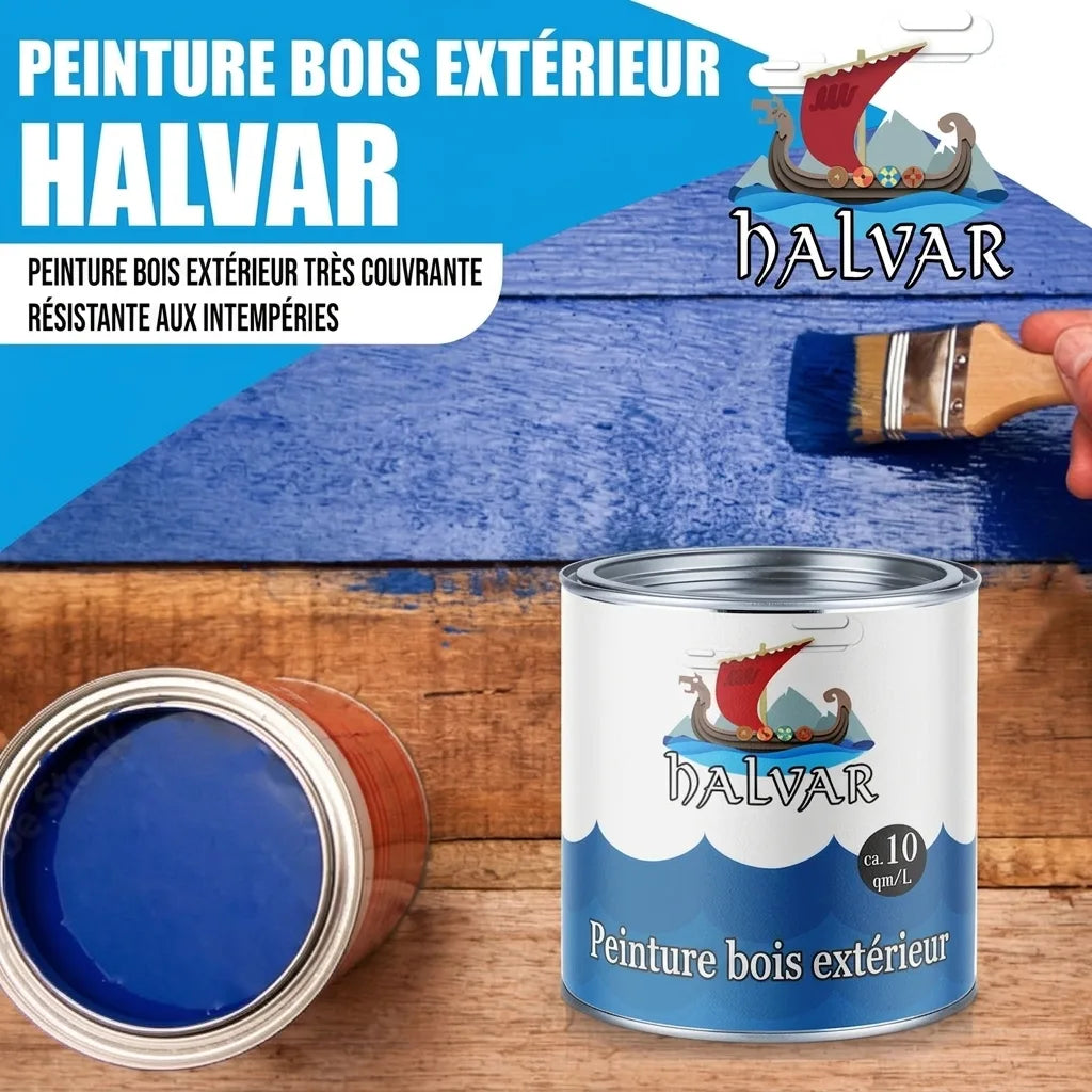 Peinture bois Halvar bleue, application, pot ouvert. Haute couvrance, résistant aux intempéries.