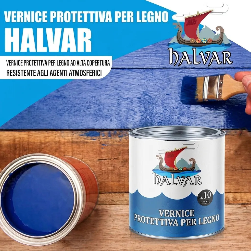 Lattina di vernice protettiva per legno blu Halvar, applicata con pennello su superficie in legno. Copertura di ca. 10 mq/L.