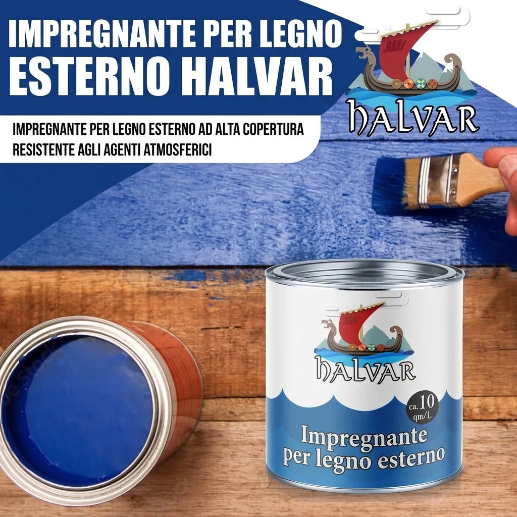 Vernice protettiva per legno Halvar blu. Barattolo aperto e chiusi, applicazione su assi di legno. Logo nave vichinga.