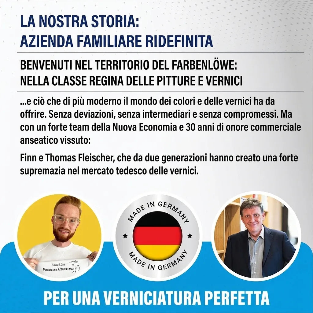 Testo su Farbenlöwe, azienda familiare tedesca di vernici Made in Germany, con ritratti di Finn e Thomas.
