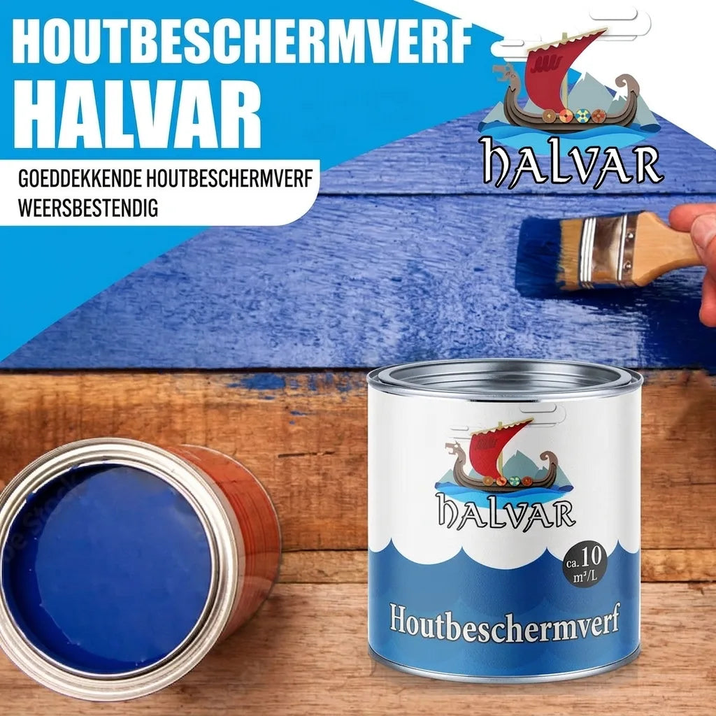 Halvar houtverf: blauwe, hoogdekkende en weerbestendige verf voor hout. Kwast verft houten planken.