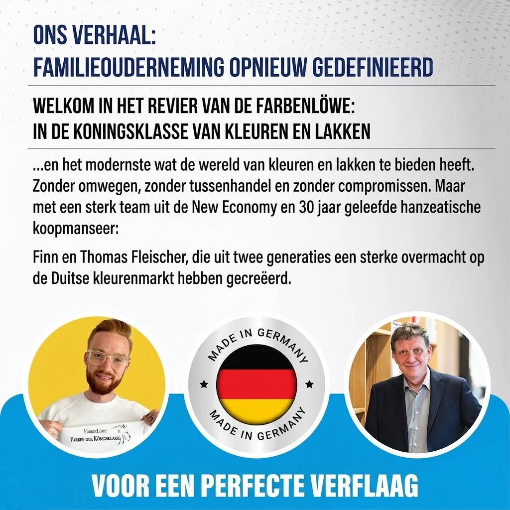 Infografiek met Duitse tekst over familiebedrijf Farbenlöwe (verf en lakken), toont oprichters en 'Made in Germany'-label.