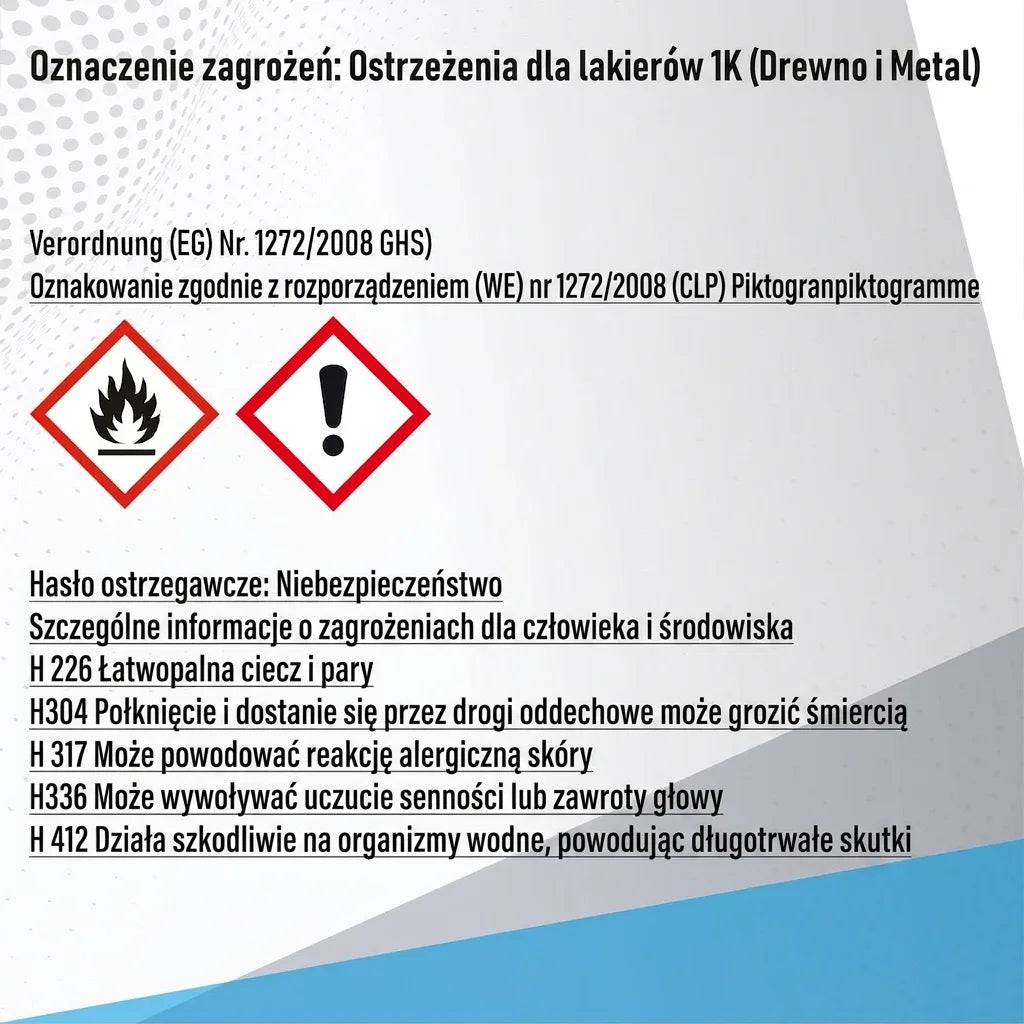 Niemiecka etykieta z ostrzeżeniami bezpieczeństwa dla lakierów 1K (drewno i metal), z piktogramami GHS/CLP i zwrotami H.