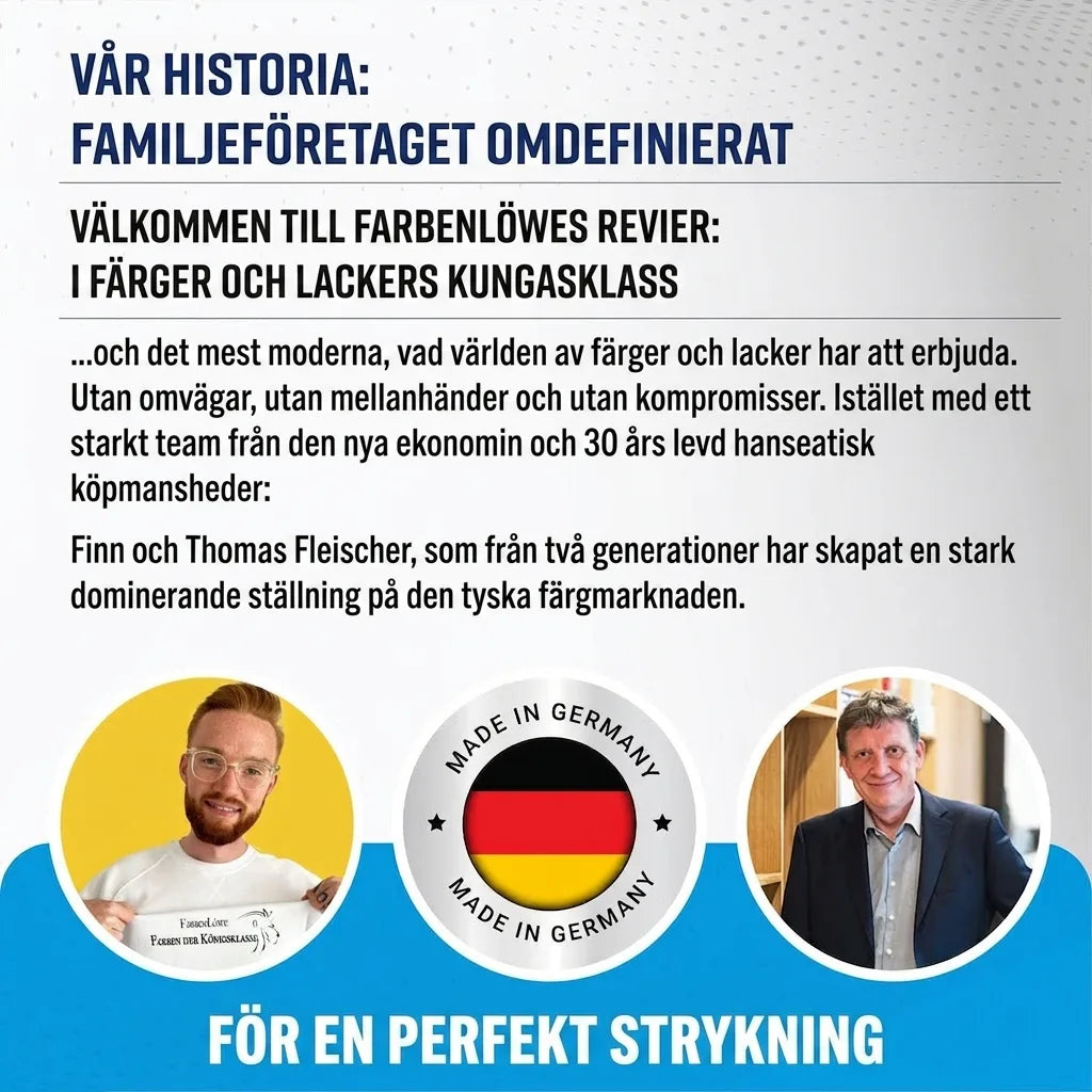 Bild med text om Farbenlöwe, ett tysk familjeföretag inom färg och lack, med bilder på ägare och en "Made in Germany"-stämpel.