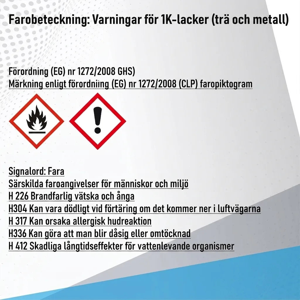 Varningsetikett för 1K lack (trä och metall) med GHS-piktogram för brandfarlighet och fara, samt H-fraser.