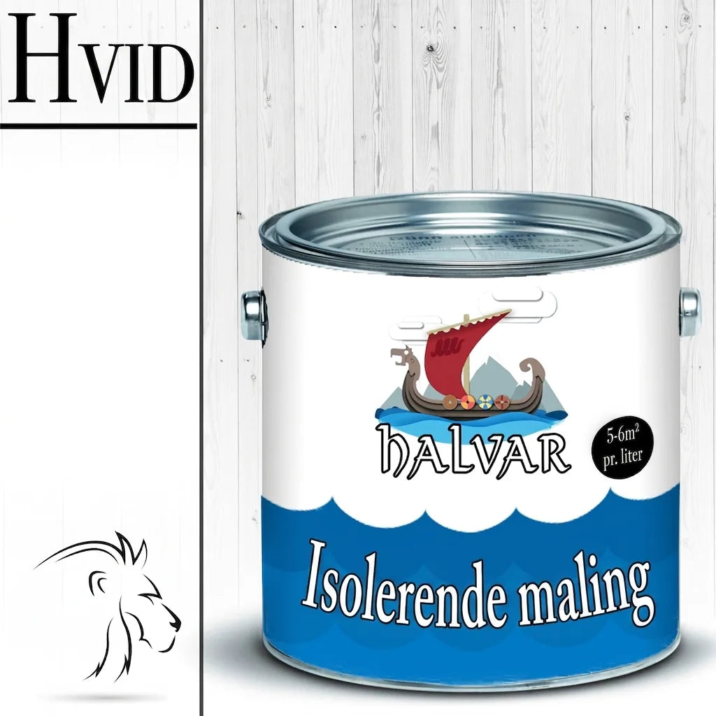 Malingdåse med hvid isoleringsmaling. Logo med vikingeskib og teksten Halvar. Dækkeevne 5-6m² pr. liter.