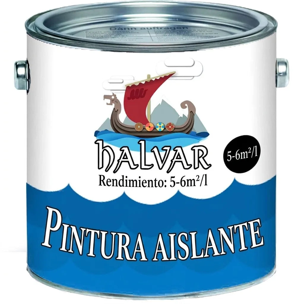 Bote de pintura aislante Halvar con logo de barco vikingo. Cubre 5-6m² por litro.