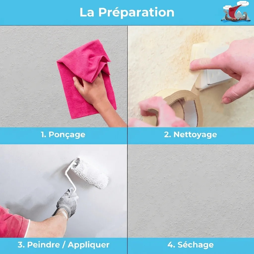 Étapes de préparation murale : ponçage, nettoyage, application de ruban, peinture au rouleau et séchage. Texte : La préparation.