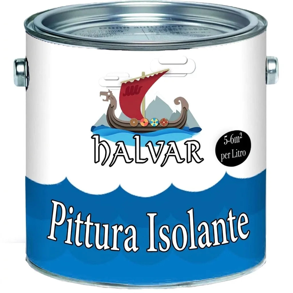 Lattina di vernice isolante Halvar con un'imbarcazione vichinga e copertura di 5-6 mq per litro.