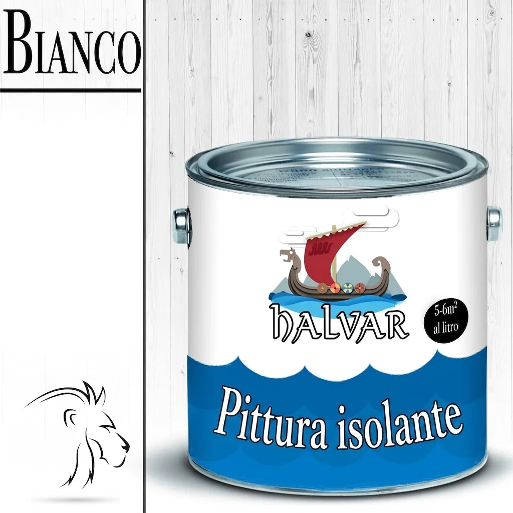 Barattolo di vernice isolante bianca Halvar con logo nave vichinga e indicazione di copertura per litro.