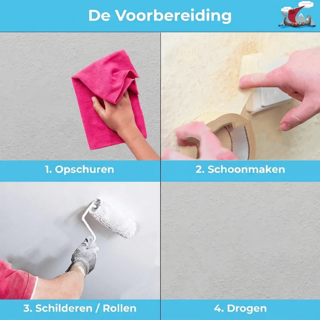 Stappen voor wandvoorbereiding: schuren, reinigen, verven/rollen en drogen. Handleiding voor muurafwerking.