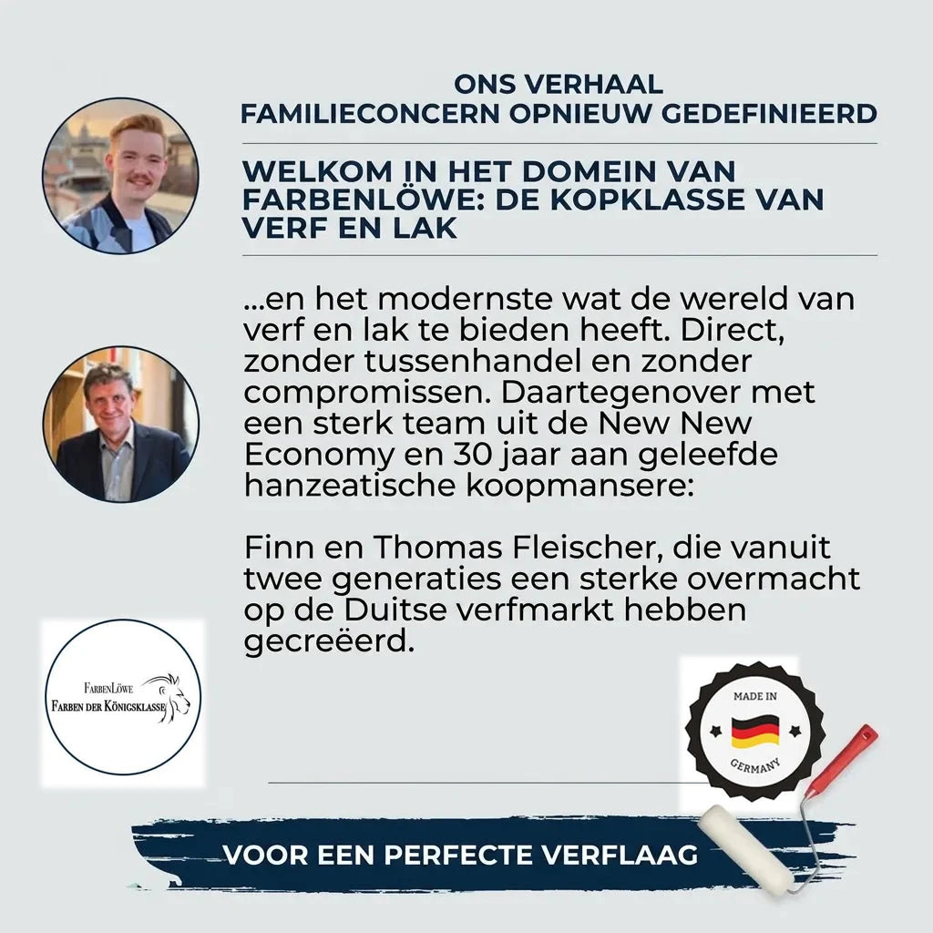 Verhaal van familiebedrijf FarbenLöwe over verf en lak, met Finn en Thomas Fleischer. Made in Germany.