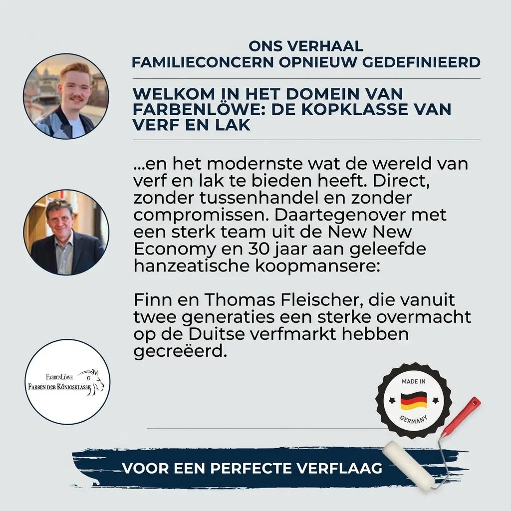 Verhaal van familiebedrijf FarbenLöwe over verf en lak, met Finn en Thomas Fleischer. Made in Germany.