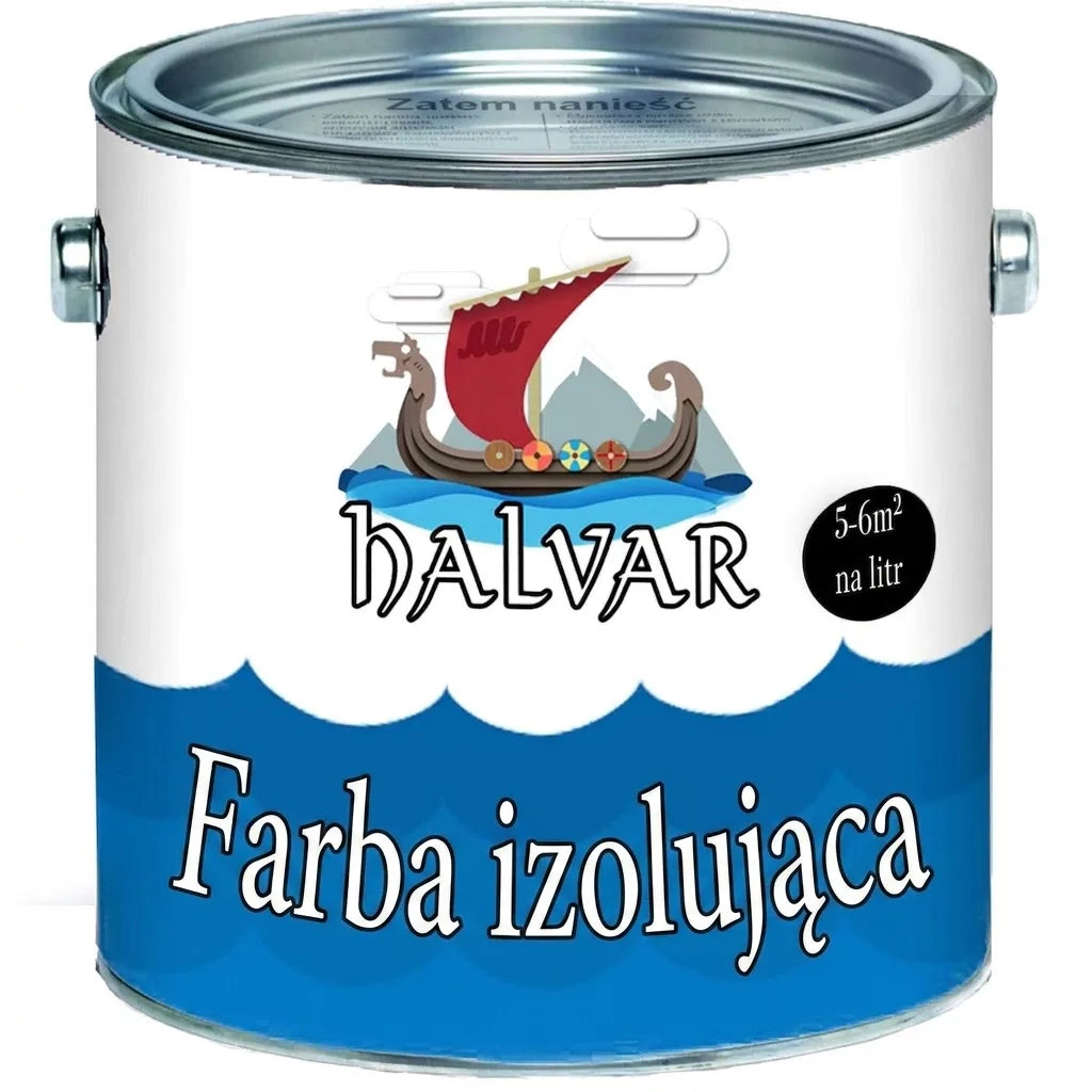 Puszka farby izolacyjnej Halvar z ilustracją łodzi Wikingów, wydajność 5-6m² na litr.