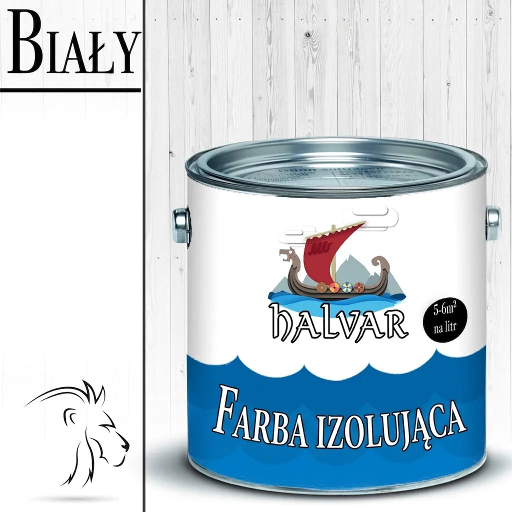 Biała farba izolacyjna Halvar w puszce, wydajność 5-6m² na litr, z logo statku wikingów.