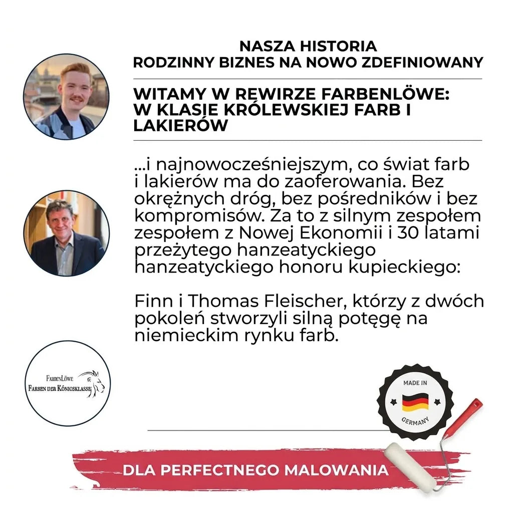 Informacyjna grafika o rodzinnej firmie Farbenlöwe. Zawiera zdjęcia założycieli, tekst o historii, nowoczesnych farbach, tradycji kupieckiej