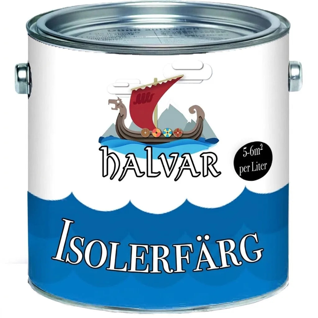 Burk med Halvar isolerfärg, en isolerande färg som täcker 5-6 m² per liter.