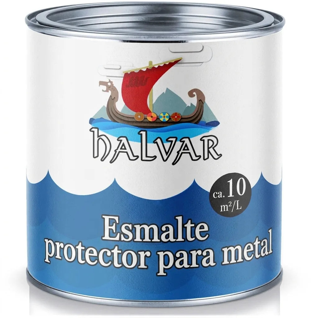 Lata de pintura protectora de metal HALVAR, con logo de barco vikingo. Cubre 10 m²/L.