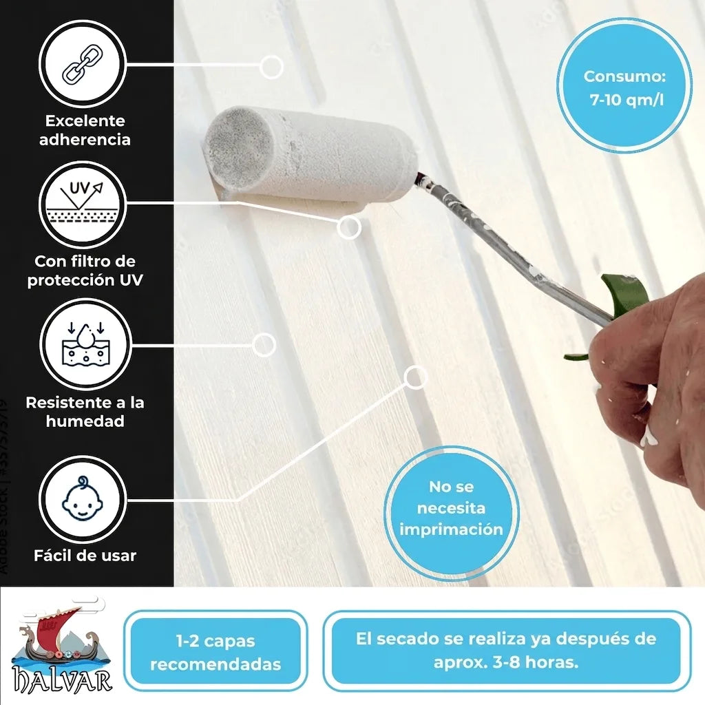 Pintura blanca con excelente adherencia, protección UV y resistente a la humedad. Fácil aplicación, no requiere imprimación.