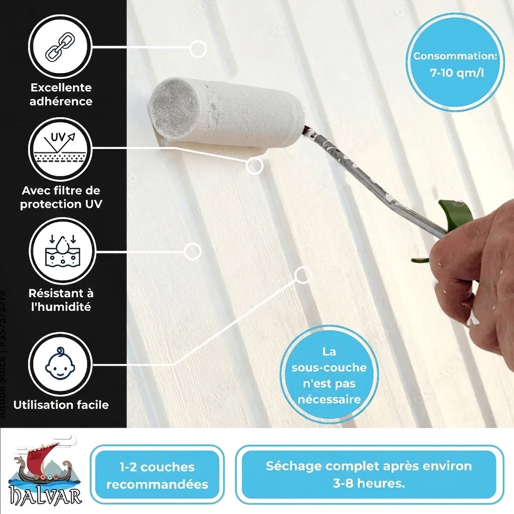 Peinture Halvar sur bois: forte adhérence, anti-UV, étanche, facile. Sans apprêt, 1-2 couches, sèche en 3-8h.