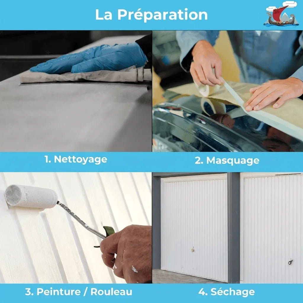 La Préparation : 4 étapes pour la peinture - Nettoyage, masquage, peinture au rouleau, et séchage.