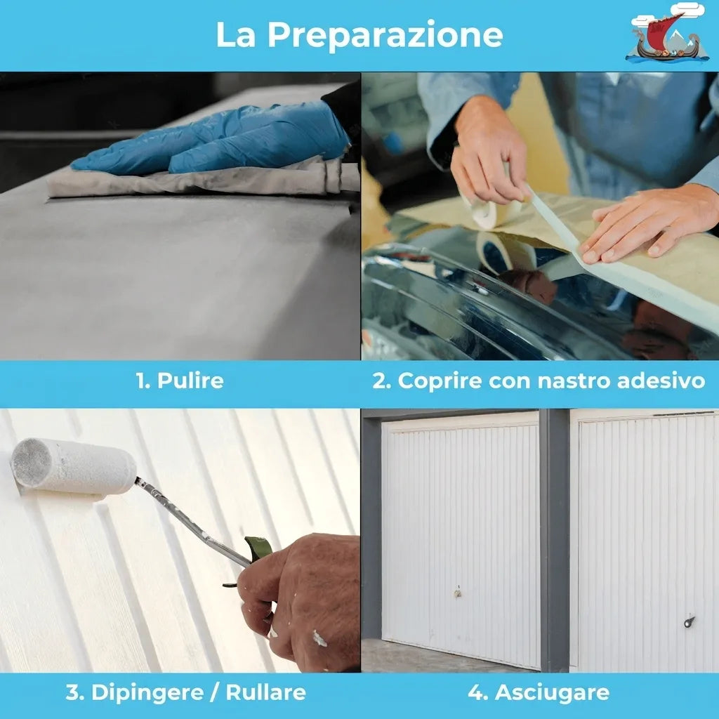 Guida alla preparazione in 4 passi: pulizia, mascheratura, pittura e asciugatura.