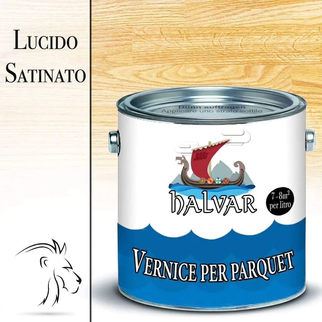 Barattolo di vernice per parquet Halvar, lucida o satinata, con logo nave vichinga e copertura 7-8m²/litro.