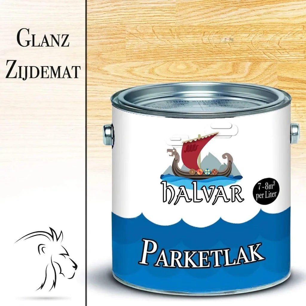 Blik Halvar parketlak, glanzend of zijdemat, met Vikingschip. Voor 7-8m² per liter.