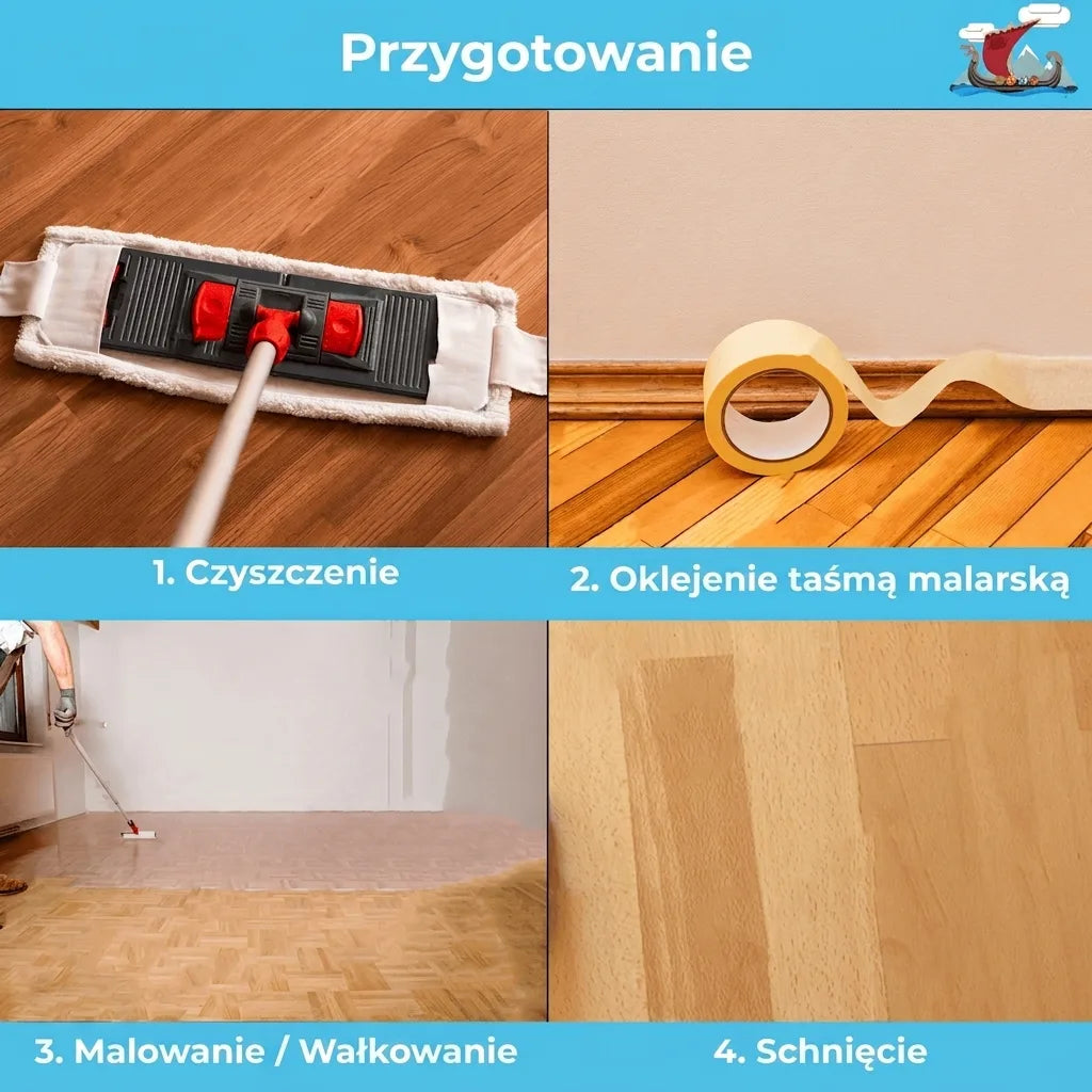Instrukcja: 4 kroki przygotowania i obróbki drewnianej podłogi. Czyszczenie, zabezpieczanie taśmą, malowanie, suszenie.