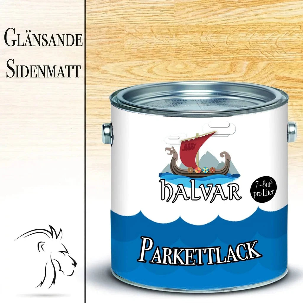 Halvar Parkettlack: burk med vikingaskepp, text "Glänsande" och "Sidenmatt", "7-8m² pro Liter".