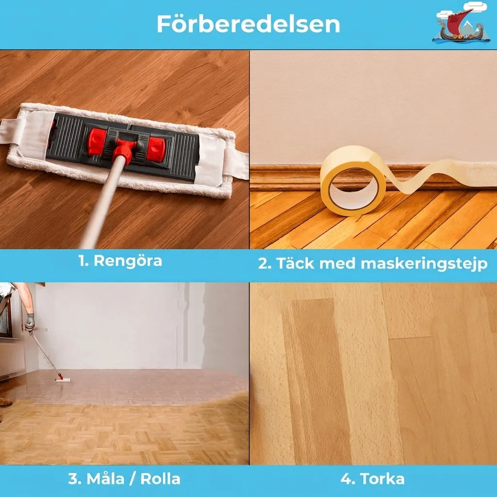 Steg för steg-guide för golvbehandling: rengöring, maskering, applicering av finish och torkning av trägolv.