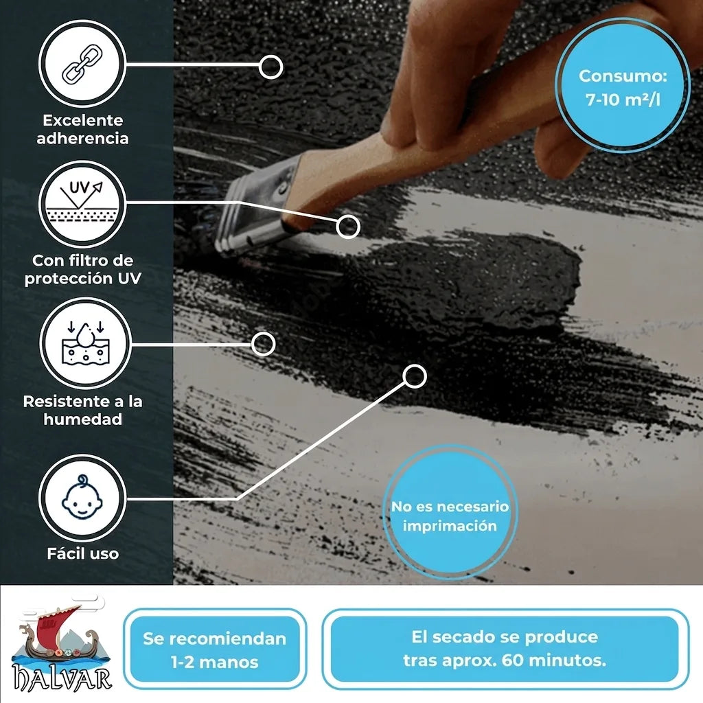 Aplicando revestimiento negro HALVAR con brocha. Destaca excelente adherencia, protección UV, resistencia a la humedad, fácil uso y rápido s