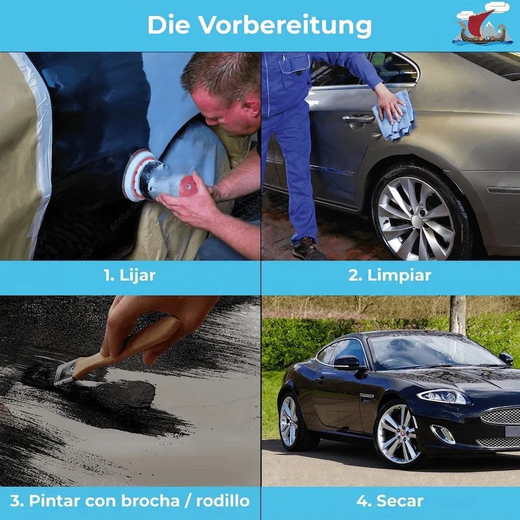 Proceso de preparación para pintar un coche: lijado, limpieza, aplicación de pintura y secado.